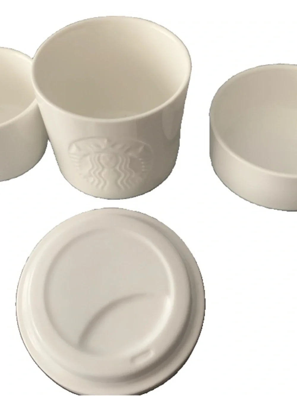 Pre Owned Starbucks 2012 White Ceramic 4 Piece Stacking Bowls Trinket Tumbler